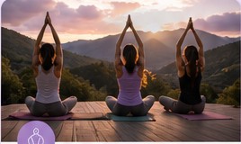 Women practicing yoga outdoors in the mountains